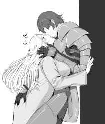  1boy 1girl against_wall armor ass_grab beard blue_eyes blush breasts closed_eyes couple facial_hair final_fantasy final_fantasy_xiv greyscale hand_on_another&#039;s_head happy heart height_difference hug huge_breasts jamjamstyle kiss leaning long_hair monochrome robe short_sleeves simple_background venat_(ff14) very_long_hair warrior_of_light_(ff14) white_background white_hair 
