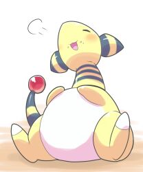  :3 ampharos blush closed_eyes creatures_(company) food food_on_face full_stomach game_freak gen_2_pokemon hands_on_own_stomach highres nanahoshi_(wadorigi) nintendo no_humans open_mouth pokemon pokemon_(creature) puff_of_air sitting smile 