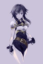  1girl armor belt black_hair breastplate fire_emblem fire_emblem:_genealogy_of_the_holy_war gloves holding holding_sword holding_weapon larcei_(fire_emblem) looking_at_viewer nintendo purple_eyes purple_tunic saneatsu sheath sheathed short_hair shoulder_armor sidelocks simple_background smile solo sword tomboy tunic weapon 