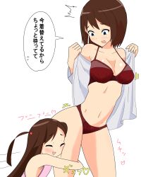  2girls absurdres age_difference bad_anatomy blush bra brown_hair closed_eyes height_difference highres hugging_another&#039;s_leg japanese_text long_hair looking_at_another looking_down medium_hair multiple_girls onee-loli open_mouth original panties partially_translated red_bra red_panties siblings side_ponytail sisters tagme translation_request underwear undressing yuri zasiki_ame  rating:Sensitive score:28 user:xxlalatina420xx