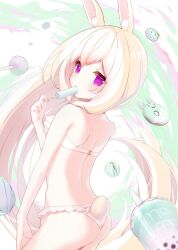  1girl animal_ear_fluff animal_ears arched_back ass bikini bubble_tea candy cowboy_shot cynthia_riddle doughnut eating food food_in_mouth hand_on_own_thigh highres lollipop long_hair looking_at_viewer macaron original p19 popsicle popsicle_in_mouth purple_eyes rabbit_ears rabbit_girl rabbit_tail solo swimsuit tail very_long_hair white_bikini white_hair 