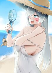  1girl absurdres anastasia_(fate) anger_vein bare_shoulders beach blue_eyes blush breasts collarbone dress fate/grand_order fate_(series) hair_over_one_eye hat highres large_breasts len_(hand_linke) long_hair looking_to_the_side open_mouth sharp_teeth shore sideboob straw_hat teeth very_long_hair viy_(fate) white_dress white_hair 