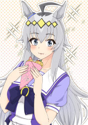  1girl ahoge animal_ears blue_eyes bow bowtie commentary commentary_request ear_ornament eating english_commentary food food_on_face grey_hair hair_ornament highres holding holding_food horse_ears horse_girl horseshoe_ornament long_hair looking_at_viewer miraie7 mixed-language_commentary oguri_cap_(umamusume) outline parfait partial_commentary pleated_skirt polka_dot polka_dot_background puffy_short_sleeves puffy_sleeves purple_bow purple_bowtie purple_shirt sailor_collar school_uniform serafuku shirt short_sleeves skirt solo sparkle tracen_school_uniform umamusume white_outline white_sailor_collar white_skirt 