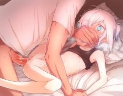 1boy 1girl azuma_shino black_shirt blue_eyes blush bottomless clothes_lift covering_own_mouth decensored flat_chest hair_over_one_eye hand_over_mouth hetero highres loli lying missionary nail_polish nipples nowareno_(azuma_shino) on_back on_bed original penis pillow pinned_down pointy_ears pussy pussy_juice pussy_juice_trail restrained sex shirt shirt_lift short_hair short_ponytail spread_legs stomach_bulge sweat tears third-party_edit uncensored vaginal white_hair wide-eyed rating:Explicit score:591 user:StraightestFurry
