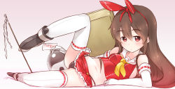  10s 1girl adapted_costume black_panties bow breasts brown_eyes brown_hair clothes_lift crop_top crotch elbow_gloves facing_viewer full_body gloves gohei gradient_background hair_bow hakurei_reimu haraegushi kantai_collection leg_up long_hair looking_at_viewer lying microskirt midriff miniskirt naik no_bra nontraditional_miko on_side oonusa panties panty_straps pleated_skirt sailor_collar shimakaze_(kancolle) sideboob skirt skirt_lift small_breasts solo spread_legs thighhighs thong touhou underwear white_sailor_collar white_thighhighs yin_yang  rating:Sensitive score:22 user:danbooru