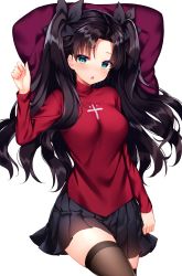 1girl :o absurdres black_hair black_skirt blue_eyes bow breasts brown_thighhighs fate/grand_order fate_(series) hair_bow hand_up highres large_breasts long_hair long_sleeves looking_at_viewer miniskirt parted_bangs parted_lips pillow pleated_skirt red_shirt shirt shouu-kun simple_background skindentation skirt solo thighhighs tohsaka_rin turtleneck two_side_up white_background zettai_ryouiki  rating:Sensitive score:19 user:danbooru