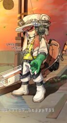  ballpoint_splatling_(splatoon) boots gloves green_gloves headlamp headphones high-visibility_vest highres inkling inkling_girl inkling_player_character jumpsuit lifebuoy microphone mining_helmet nintendo nobix2_happy711 orange_hair overalls red_eyes rubber_boots rubber_gloves salmon_run_(splatoon) signature splatoon_(series) splatoon_3 standing suction_cups swim_ring tentacle_hair white_footwear white_jumpsuit white_overalls 