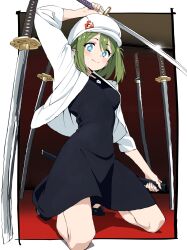  1girl absurdres arm_up black_dress black_footwear blue_eyes blush border borrowed_character cabbie_hat closed_mouth commentary_request dress green_hair hat highres holding holding_sheath holding_sword holding_weapon jacket katana kneeling looking_at_viewer multiple_swords open_clothes open_jacket original outside_border sadamoto_hokuto sheath short_hair smile solo sword weapon white_border white_hat white_jacket yunomiya_agari  rating:Sensitive score:1 user:danbooru