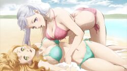  2girls absurdres all_fours beach bikini black_clover blonde_hair blush breasts cleavage ear_piercing fours hanging_breasts highres large_breasts long_hair looking_at_viewer lying mimosa_vermillion multiple_girls navel noelle_silva non-web_source piercing pink_bikini pointy_nose purple_eyes side-tie_bikini_bottom sky studio_pierrot swimsuit twintails wet yellow_eyes  rating:Questionable score:35 user:babo444
