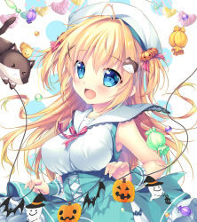  &gt;_&lt; 1girl :&lt; :d ahoge animal bare_shoulders blonde_hair blue_eyes blue_skirt blush breasts candy_wrapper cat closed_mouth commentary_request hair_intakes hair_ornament halloween hat heart holding jack-o&#039;-lantern jack-o&#039;-lantern_hair_ornament long_hair looking_at_viewer medium_breasts mikeou open_mouth original shirt skirt sleeveless sleeveless_shirt smile solo two_side_up very_long_hair white_background white_hat white_shirt wrist_cuffs  rating:Sensitive score:4 user:danbooru