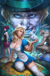 1boy 2girls alice_(alice_in_wonderland) alice_in_wonderland arm_support blonde_hair blue_dress blue_eyes bow breasts cleavage collarbone dress furry hair_bow hat large_breasts lips long_hair mad_hatter_(alice_in_wonderland) march_hare_(wonderland) multiple_girls mushroom profile queen_of_hearts_(alice_in_wonderland) rabbit red_hair short_dress short_shorts shorts signature sitting stanley_lau strapless strapless_dress teeth thighhighs top_hat white_legwear white_rabbit_(alice_in_wonderland) zettai_ryouiki rating:Sensitive score:121 user:danbooru
