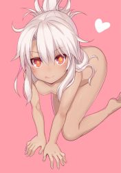  1girl all_fours ass blush breasts chloe_von_einzbern completely_nude dark-skinned_female dark_skin fate/kaleid_liner_prisma_illya fate_(series) heart loli minamura_haruki nude pink_background red_eyes simple_background small_breasts v-shaped_eyebrows white_hair  rating:Questionable score:31 user:samuel_L_jackson