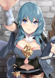  1girl arm_up armor black_cape black_shorts blue_eyes blue_hair blush book breasts brick_floor brown_pantyhose byleth_(female)_(fire_emblem) byleth_(fire_emblem) cape cleavage closed_mouth clothing_cutout commentary_request cowboy_shot dagger emblem eyebrows_hidden_by_hair fire_emblem fire_emblem:_three_houses from_above hair_between_eyes highres holding holding_book incoming_headpat knife lace lace-trimmed_legwear lace_trim large_breasts long_hair looking_at_viewer navel navel_cutout nintendo pantyhose pantyhose_under_shorts patterned_clothing pov print_pantyhose reaching sheath sheathed short_shorts short_sleeves shorts sidelocks smile solo standing vambraces weapon yappen  rating:Sensitive score:43 user:danbooru