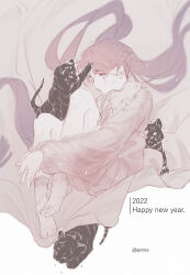1girl 2022 ajimita blanket blurry chinese_zodiac closed_mouth crying crying_with_eyes_open depth_of_field film_grain fur-trimmed_collar fur_trim grey_eyes happy_new_year headpat highres hugging_own_legs invisible_chair light_particles long_hair long_sleeves new_year original purple_hair see-through see-through_socks shirt sitting sketch socks solo tears tiger twintails twitter_username white_background year_of_the_tiger
