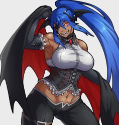 1girl belt black_cape blue_hair breasts brooch cape corset dark-skinned_female dark_skin eyepatch fake_wings fangs foxbat_(hutago) gloves glowing glowing_eyes grin hairband halloween_costume holding holding_cape holding_clothes hutago jewelry large_breasts long_hair midriff multicolored_cape multicolored_clothes muscular muscular_female navel open_mouth original pants ponytail red_cape red_eyes sidelocks smile solo teeth tongue two-sided_cape two-sided_fabric vampire wings rating:Sensitive score:38 user:danbooru