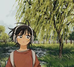 1boy arms_at_sides backpack bag black_eyes black_hair blush cowlick day fence floating_hair grass headphones highres landscape long_sleeves looking_to_the_side male_focus original outdoors parted_lips pond red_shirt scenery shirt short_hair sidelocks sihyun25 solo tree undershirt upper_body water 