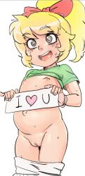  1girl bibi_blocksberg blonde_hair cleft_of_venus clothes_lift female_focus flat_chest highres loli maniacpaint nipples open_mouth panties panty_pull pregnant pussy shirt_lift text_focus uncensored underwear  rating:Explicit score:294 user:toddler_Master