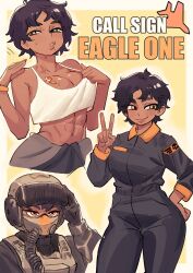  1girl abs absurdres breasts brown_hair cleavage colo_(nagrolaz) dark_skin eagle_1_(helldivers) helldivers_(series) highres jumpsuit large_breasts messy_hair muscular muscular_female navel outside_border pilot pilot_helmet pilot_suit short_hair tattoo thick_eyebrows tomboy yellow_background yellow_eyes  rating:General score:50 user:danbooru