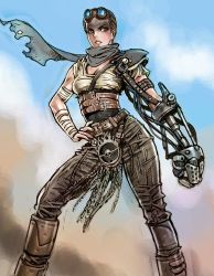  1girl belt black_hair black_scarf breasts brown_eyes cleavage contrapposto dirty dirty_face goggles goggles_on_head hand_on_own_hip imperator_furiosa mad_max mad_max:_fury_road mechanical_arms medium_breasts scarf short_hair single_mechanical_arm solo standing very_short_hair yamashita_shun&#039;ya 