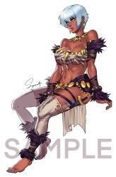 1girl anklet barefoot blue_eyes blue_nails breasts capcom chain cleavage commentary commission dagger dark-skinned_female dark_skin detached_leggings elena_(street_fighter) english_commentary fingernails full_body fur_trim gold_chain highres holster invisible_chair jewelry knife large_breasts linea_alba lips looking_to_the_side nail_polish navel necklace nose official_alternate_costume over-kneehighs sample_watermark short_hair signature sitting solo street_fighter street_fighter_iv_(series) studded_armlet studded_bracelet superbull thick_thighs thigh_holster thigh_strap thighhighs thighs toenails tooth_earrings tooth_necklace tribal underboob very_dark_skin weapon white_hair rating:Sensitive score:41 user:danbooru