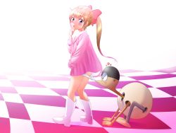 1girl ass azeruma barriquand blonde_hair blush boots bow chargeman_ken! coppertone dress hair_bow highres izumi_caron loli long_hair long_sleeves looking_back open_mouth panties panty_pull parody pink_bow pink_dress ponytail pulling_another&#039;s_clothes robot surprised underwear white_footwear white_panties