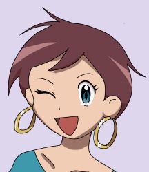  1girl background_character background_characters blue_eyes blue_shirt brown_hair collarbone creatures_(company) earrings game_freak grey_background highres hoop_earrings jewelry looking_at_viewer nintendo one_eye_closed open_mouth pokemon pokemon_(anime) ringo_(pixiv_67755209) shirt short_hair smile upper_body wink  rating:General score:5 user:Winstonboi