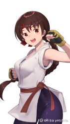  1girl absurdres akisa_yositake armpit_peek armpits artist_name bare_shoulders blush braid breasts brown_eyes brown_hair clenched_hands commentary_request dougi fingerless_gloves gloves hand_up headband highres japanese_clothes long_hair medium_breasts open_mouth pants red_headband ryuuko_no_ken shiny_clothes shiny_skin simple_background single_braid skin_tight sleeveless smile teeth the_king_of_fighters upper_teeth_only white_background yoga_pants yuri_sakazaki 
