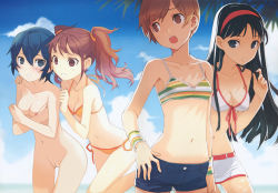  4girls amagi_yukiko bare_shoulders beach bikini black_hair blue_hair blush bra breasts brown_hair clothed_female_nude_female collarbone couple covering_breasts covering_privates day embarrassed kujikawa_rise medium_breasts midriff multiple_girls navel neck nipples nude nude_filter outdoors persona persona_4 pussy satonaka_chie shirogane_naoto shorts small_breasts swimsuit third-party_edit twintails underwear yuri  rating:Explicit score:77 user:nome86
