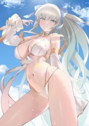  1girl absurdres bikini blue_eyes blue_sky breasts cloud commentary_request detached_sleeves fate/grand_order fate_(series) highres kurozawa_yui large_breasts long_hair looking_at_viewer morgan_le_fay_(water_princess)_(fate) navel parted_lips ponytail sky smile solo swimsuit very_long_hair wet white_bikini white_sleeves  rating:Sensitive score:12 user:danbooru