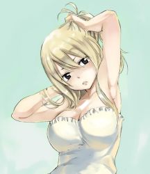 1girl adjusting_hair armpits arms_up blonde_hair blush breasts cleavage fairy_tail large_breasts long_hair lucy_heartfilia mashima_hiro official_art parted_lips simple_background solo tying_hair waifu2x rating:Sensitive score:75 user:danbooru
