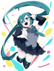  1girl aqua_eyes aqua_hair aqua_necktie armpits bare_shoulders black_skirt black_sleeves collared_vest detached_sleeves film_grain floating_hair full_body grey_vest hair_between_eyes hands_on_own_head happy hatsune_miku headphones headset highres ikurauni jumping legs_up long_hair looking_up miku_day multicolored_background necktie open_mouth skindentation skirt smile solo tareme thighhighs twintails very_long_hair vest vocaloid white_background zettai_ryouiki 
