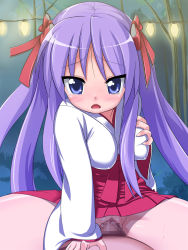  00s blue_eyes bow breast_hold breasts censored cowgirl_position girl_on_top highres hiiragi_kagami japanese_clothes lucky_star miko nyamota penis pov purple_hair ribbon sex straddling sweat tears twintails vaginal  rating:Explicit score:25 user:asahinta