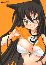  1girl animal_ears bad_id bad_pixiv_id black_hair blush bra breasts cat_ears char cleavage clothes_lift face large_breasts lingerie long_hair naughty_face original shirt_lift solo tongue underwear yellow_eyes  rating:Questionable score:18 user:danbooru