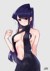  blush breasts clothing_cutout embarrassed komi-san_wa_komyushou_desu komi_shouko purple_eyes purple_hair sweater  rating:Questionable score:57 user:Snakeoil