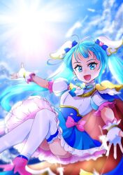  1girl ankle_boots blue_cape blue_dress blue_eyes blue_footwear blue_hair blue_sky boots bow brooch cape cloud cloudy_sky commentary cure_sky cut_bangs day detached_sleeves dress dress_bow earclip earrings feathers fingerless_gloves floating frilled_dress frills gloves highres hirogaru_sky!_precure jewelry long_hair looking_at_viewer magical_girl manekineko5319 open_mouth outdoors outstretched_arms pink_bow precure puffy_detached_sleeves puffy_sleeves red_cape short_dress single_earring single_sidelock sky sleeveless sleeveless_dress smile solo sora_harewataru spread_arms thighhighs twintails two-sided_cape two-sided_fabric two-tone_dress very_long_hair white_dress white_gloves white_thighhighs wing_brooch wing_hair_ornament 