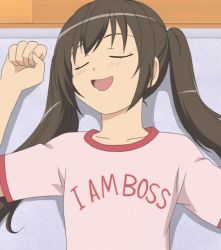 00s 1girl brown_hair closed_eyes drooling happy i_am_boss minami-ke minami_kana open_mouth shirt short_sleeves short_twintails sleeping solo stitched t-shirt third-party_edit twintails