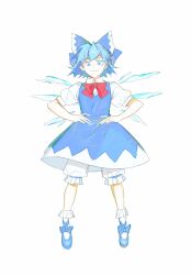  1girl bloomers blue_bow blue_dress blue_eyes blue_footwear blue_hair blue_ribbon bow chinese_commentary cirno closed_mouth commentary_request dress footwear_bow frilled_socks frills hair_ribbon highres miko_(15476997) neck_ribbon pinafore_dress puffy_short_sleeves puffy_sleeves red_ribbon ribbon shirt short_sleeves simple_background sleeveless sleeveless_dress smile socks solo touhou underwear white_background white_bloomers white_shirt white_socks wings 