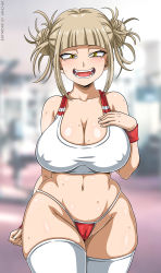 1girl absurdres artist_name bare_shoulders blonde_hair blunt_bangs blush boku_no_hero_academia breasts character_name cheerleader cleft_of_venus copyright_name crop_top double_bun fang hair_bun highres looking_at_viewer medium_breasts messy_hair midriff open_mouth panties red_panties sano_br smile solo thick_thighs thighhighs thighs toga_himiko underwear wide_hips yellow_eyes rating:Explicit score:136 user:JustHere4Butts