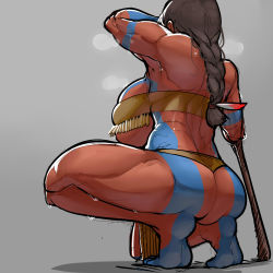 1girl absurdres armpits ass back bad_id bad_pixiv_id barefoot black_hair bodypaint braid breasts commentary dark-skinned_female dark_skin english_commentary fate_(series) feet from_behind gender_request genderswap geronimo_(fate) highres huge_ass huge_breasts krekkov legs long_braid long_hair muscular muscular_female original planted planted_spear polearm single_braid solo spear squatting strapless sweat tassel thick_thighs thighs thong tiptoes tribal tube_top underboob very_dark_skin weapon wide_hips wiping_face rating:Questionable score:145 user:danbooru