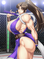 1girl alternate_color breasts brown_eyes brown_hair extreme_muscles hand_fan highres huge_breasts japanese_clothes kunoichi long_hair looking_at_viewer muscular muscular_female ninja one_eye_closed ponytail ren_(tainca2000) shiranui_mai smile wink  rating:Explicit score:12 user:byoma1994