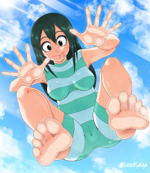  against_glass ass asui_tsuyu barefoot black_eyes blue_sky blush boku_no_hero_academia breasts cameltoe cloud eyelashes feet feet_against_glass foot_focus from_below green_hair highres lewdsaiga long_hair looking_at_viewer medium_breasts shiny_skin sky soles solo spread_legs swimsuit thick_thighs thighs toes tongue tongue_out wide_hips  rating:Questionable score:111 user:kingmikasa