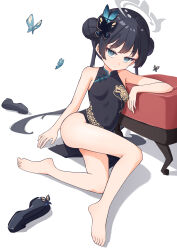 1girl absurdres bare_legs barefoot black_dress black_hair blue_archive blue_eyes breasts bug butterfly dress gong_zi halo highres insect kisaki_(blue_archive) looking_at_viewer simple_background sleeveless sleeveless_dress small_breasts solo white_background  rating:Sensitive score:12 user:buster2222