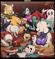  1other 3girls 4boys ^_^ alphys asgore_dreemurr black_border black_hair blonde_hair blue_skin blurry blurry_background blush blush_stickers border brown_hair burger cel_shading child closed_eyes colored_skin commentary copyright_name couch cup eating everyone eyepatch feeding flowey_(undertale) flying_sweatdrops food food_on_face frisk_(undertale) ghost gloves goat_boy goat_girl goat_horns grin happy highres holding holding_cup holding_food holding_plate horns hot_dog ice_cream indoors kamezaemon ketchup_bottle lying mettaton multiple_boys multiple_girls napstablook on_back on_couch on_table one_eye_covered open_mouth papyrus_(undertale) pasta pie plate red_gloves red_hair robot sandwich sans sharp_teeth short_hair skeleton smile spaghetti sparkle steam swept_bangs table teeth toriel undertale undyne yellow_skin 