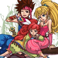 1girl 2boys :t androgynous annoyed bad_id bad_pixiv_id bare_shoulders between_legs blonde_hair blue_eyes earrings facepaint feather_hair_ornament feathers hair_ornament head_rest henyo hoop_earrings jewelry long_hair lowres multiple_boys one_eye_closed ponytail popoi_(seiken_densetsu_2) primm_(seiken_densetsu_2) randi_(seiken_densetsu_2) red_hair seiken_densetsu seiken_densetsu_2 tunic wink yellow_eyes