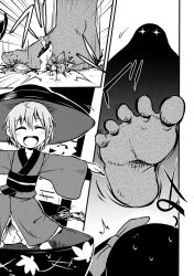  2girls blood bowl bowl_hat comic corpse crushed crushing death finishing_move giant greyscale guro hat highres intestines monochrome multiple_girls murder smile stomping touhou  rating:Explicit score:2 user:blightLord