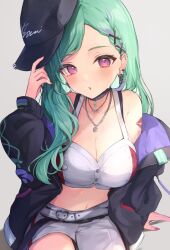  1girl :o asymmetrical_clothes asymmetrical_pants bare_shoulders baseball_cap belt black_hat black_jacket bra_strap breasts bustier character_name cleavage crop_top earrings green_hair hair_ornament hat highres holding holding_clothes holding_hat jacket jewelry large_breasts looking_at_viewer mismatched_earrings mole mole_on_breast multicolored_hair navel necklace nomo_(no_mo) off_shoulder pants pierced_hat purple_eyes purple_hair purple_jacket red_bustier red_nails shoulder_tattoo single_pantsleg sitting solo streaked_hair sweat swept_bangs tattoo triangle_earrings virtual_youtuber vspo! white_belt white_bustier white_pants x_hair_ornament yakumo_beni yakumo_beni_(4th_costume) 
