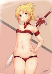 1girl =) artist_name bare_arms bare_shoulders blonde_hair blush bra braid breasts clarent_(fate) collarbone commentary english_commentary fate/grand_order fate_(series) green_eyes highres kimoshi looking_at_viewer mordred_(fate) mordred_(fate/apocrypha) pixiv_fate/grand_order_contest_1 ponytail red_bra small_breasts solo standing sword underwear weapon weapon_on_back rating:Sensitive score:73 user:danbooru