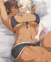  2girls age_difference armpits black_shorts blue_eyes breasts brown_hair couple dark-skinned_female dark_skin eye_contact highres kei_(m_k) large_breasts loli looking_at_another lying m_k multiple_girls navel on_back onee-loli original pink_shorts ponytail red_eyes rika_(m_k) short_hair shorts sweat tomboy tongue tongue_out yuri  rating:Questionable score:105 user:danbooru