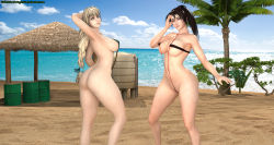  2girls 3d absurdres arm_behind_head ass back bare_back bare_legs bare_shoulders bikini black_hair blonde_hair blue_eyes braid breasts brown_eyes covered_erect_nipples curvy hand_on_head highres huge_ass large_breasts long_hair looking_at_viewer looking_back micro_bikini multiple_girls navel ponytail smile sophitia_alexandra soul_calibur swimsuit taki_(soulcalibur) the_majestic thick_thighs thighs wide_hips 