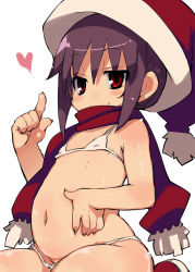  1girl belly bikini blush bra brown_hair christmas flat_chest hat heart henrietta_(zankuro) index_finger_raised loli nail navel original panties plump purple_hair red_eyes red_scarf santa_hat scarf smile solo source_request swimsuit underwear white_background white_bikini white_panties zankuro  rating:Questionable score:139 user:panchh